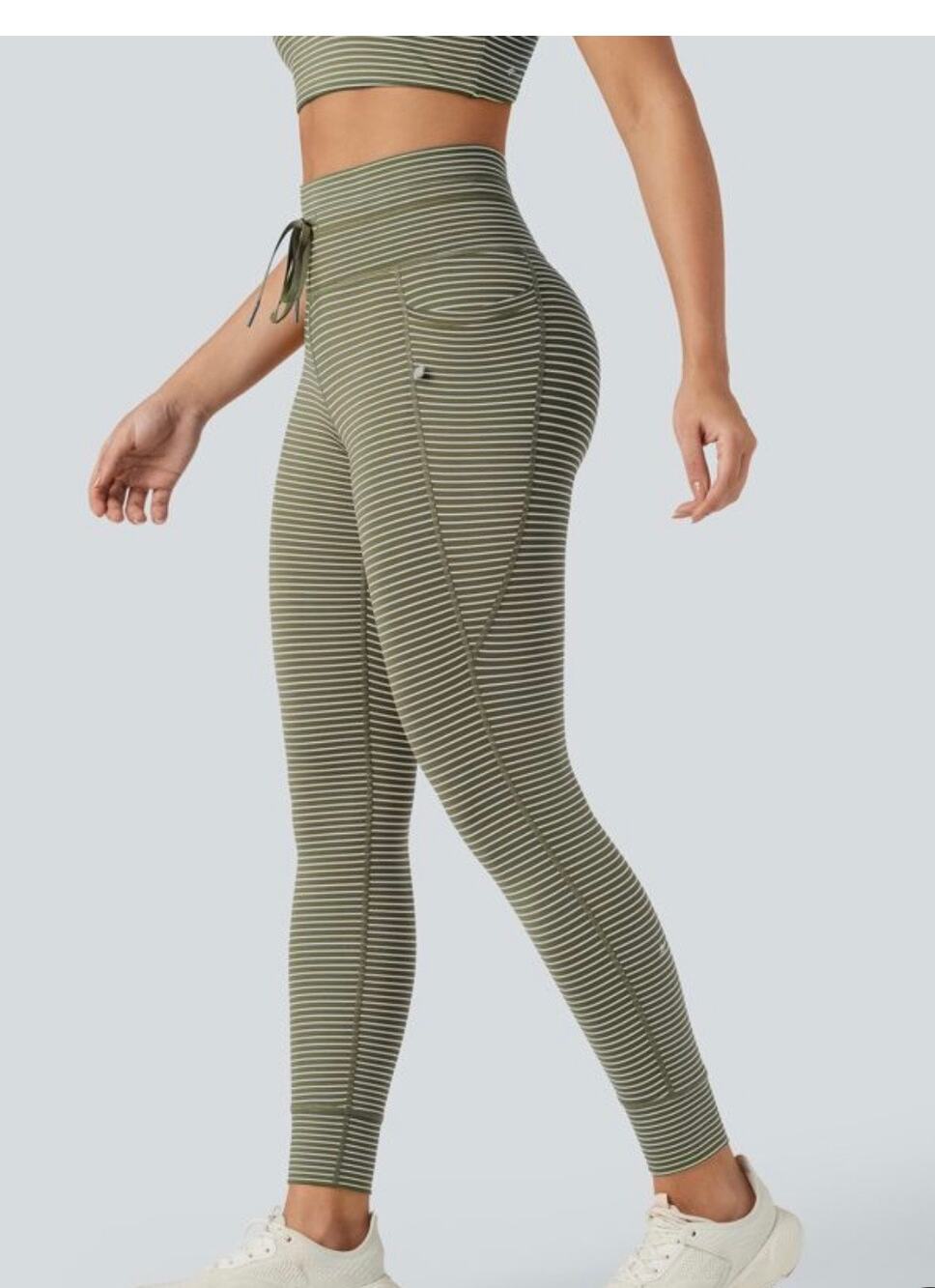 Halara Drawstring Striped Yoga Leggings with Pockets olive green size medium